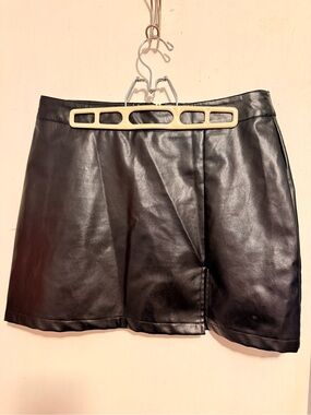 Classic Black Faux Leather Mini Skirt with Front Slit
